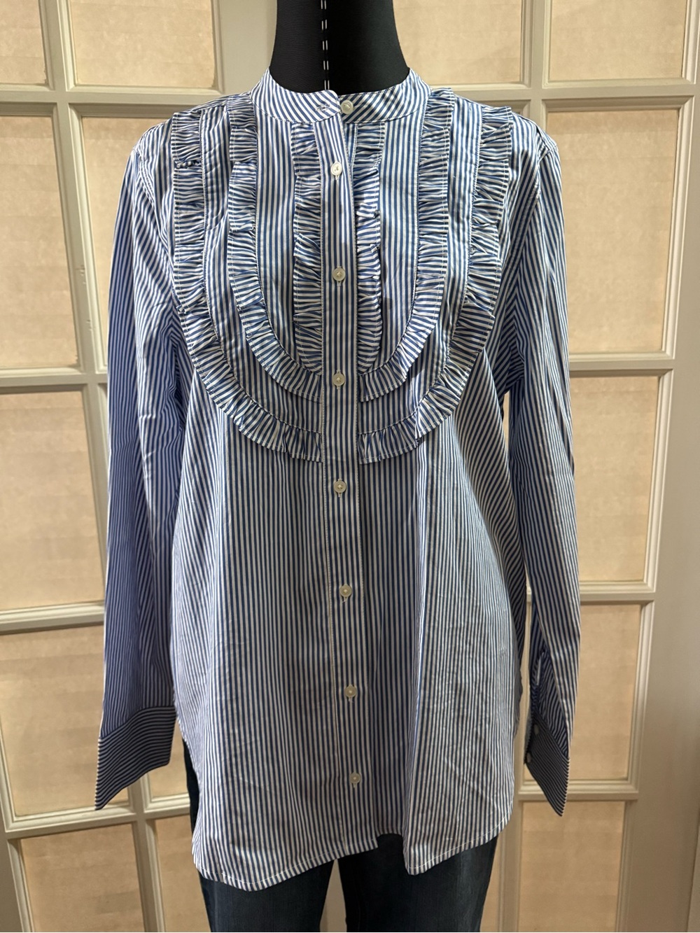 J. Crew Blue and White Striped Ruffle Bib Button-Up Tunic